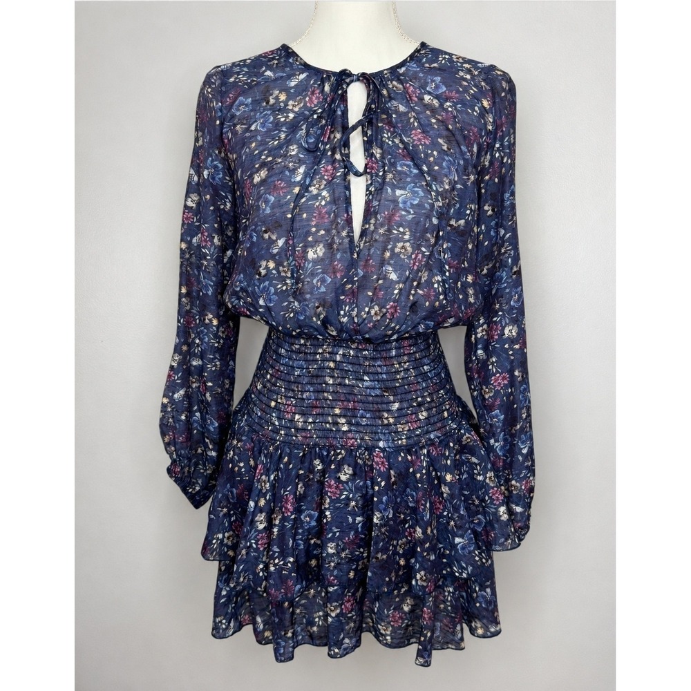 Revolve Rays for Days Smocked Long Sleeve Mini Dress Small Blue Floral Viscose